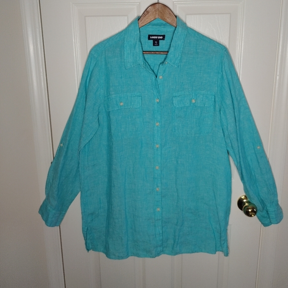 Lands' End Tops - LAND'S END Teal Linen Button Down Shirt